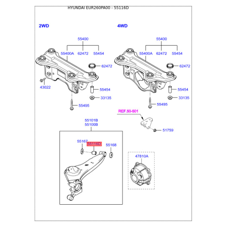 Сайлентблок заднього поперечного важеля зовнішній 55118-26000 Mobis - 5511826000 - схема з каталогу 55116D, EUR260PA00 5511826000