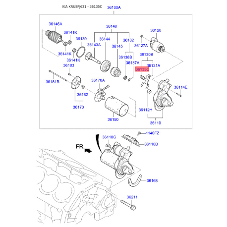 Кронштейн, тяга стартера 36135-2E500 Mobis - 361352E500 - схема з каталогу 36135C, KRUSPJ621 361352E500