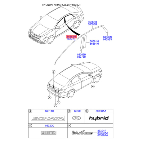 Облицювання / захисна накладка, боковина ліве верхнє 86362-3S010 Mobis - 863623S010 - схема з каталогу 86362H, KHMAPGFE11 863623S010