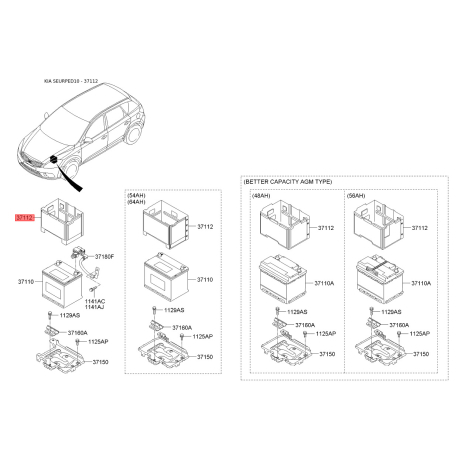 Кріплення акумулятора 37112-2E000 Mobis - 371122E000 - схема з каталогу 37112, SEURPED10 371122E000