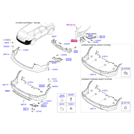 Кронштейн, буфер правый нижний 86618-B8000 Mobis - 86618B8000 - схема с каталога 86618H, KEURPB813 86618B8000