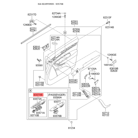 Блок кнопок стеклоподъёмника 93570-2P200VA Mobis - 935702P200VA - схема с каталога 93570B, KEURPXM09 935702P200VA