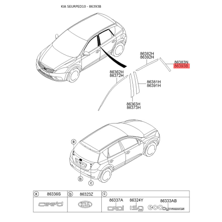 Облицовка / защитная накладка, боковина задняя правая 86393-1H501 Mobis - 863931H501 - схема с каталога 86393B, SEURPED10 863931H501