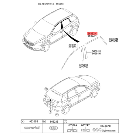 Облицювання / захисна накладка, боковина ліве верхнє 86382-1H501 Mobis - 863821H501 - схема з каталогу 86382H, SEURPED10 863821H501