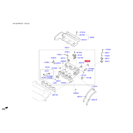 Штуцер системы охлаждения 28312-22711 Mobis - 2831222711 - схема с каталога 28312D, SEURPED10 2831222711