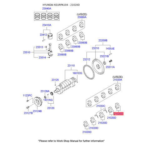 Вкладиші корінні 21020-38110 Mobis - 2102038110 - схема з каталогу 21020D, KEURPA104 2102038110