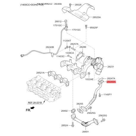 Маслопровід компресора 28240-2A730 Mobis - 282402A730 - схема з каталогу 28240A, SEURPA212 282402A730