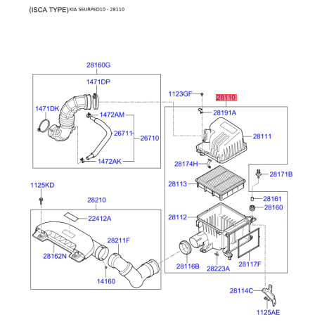 Кришка, корпус повітряного фільтра 28110-1H300 Mobis - 281101H300 - схема з каталогу 28110, SEURPED10 281101H300