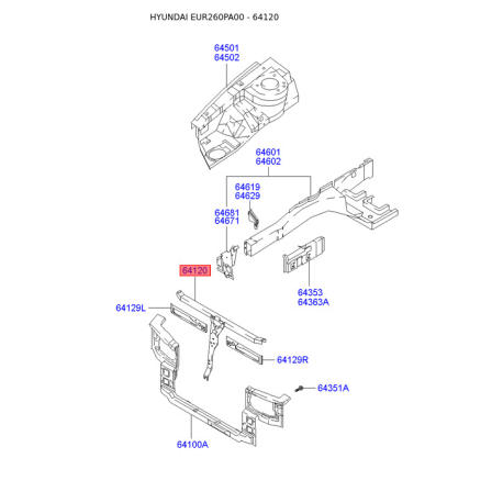 Облицовка передка (передняя панель, морда) 64120-26201 Mobis - 6412026201 - схема с каталога 64120, EUR260PA00 6412026201