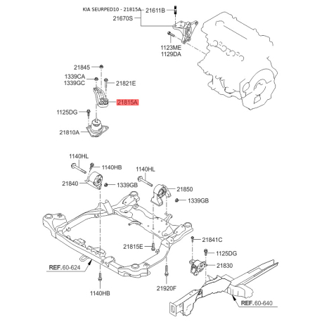 Кронштейн, подвеска двигателя 21815-1H300 Mobis - 218151H300 - схема с каталога 21815A, SEURPED10 218151H300