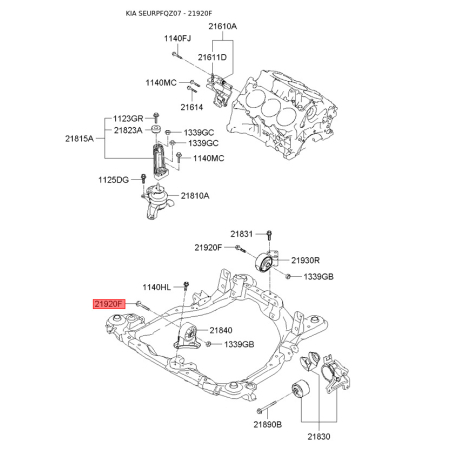 Болт кронштейна мотора 21920-2E200 Mobis - 219202E200 - схема з каталогу 21920F, SEURPFQZ07 219202E200