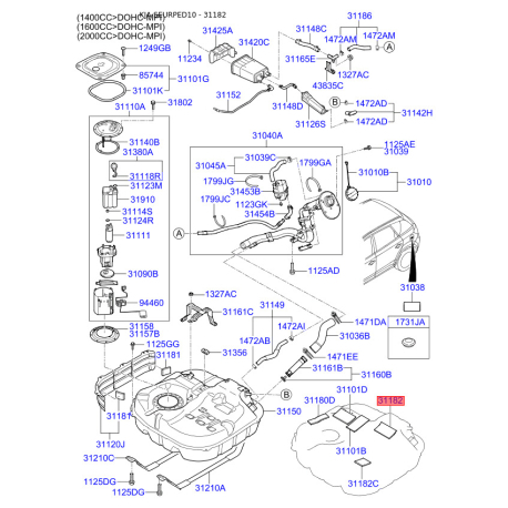 Абсорбер, паливна система, комплектуючі 31182-2H000 Mobis - 311822H000 - схема з каталогу 31182, SEURPED10 311822H000