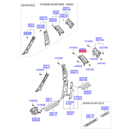 Оббивка (накладка) салону права 85860-2B000J4 Mobis - 858602B000J4 - схема з каталогу 85860, KEURPCM06 858602B000J4