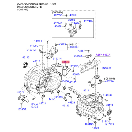 Кронштейн, кріплення механічної коробки передач заднє 43176-23021 Mobis - 4317623021 - схема з каталогу 43176, SEURPED06 4317623021