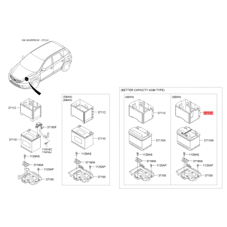 Крепление аккумулятора 37112-1G000 Mobis - 371121G000 - схема с каталога 37112, SEURPED10 371121G000