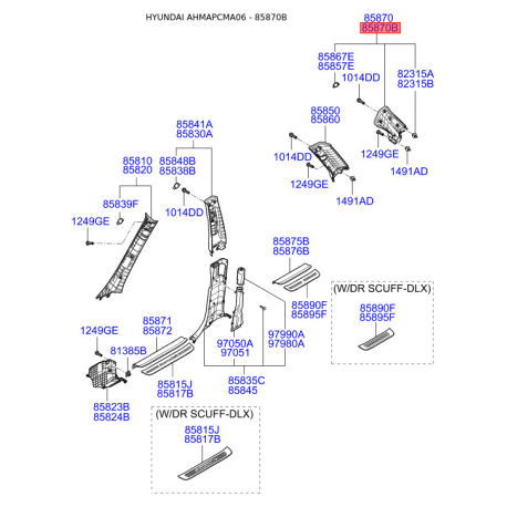Оббивка (накладка) салону права нижня 85865-2B210J4 Mobis - 858652B210J4 - схема з каталогу 85870B, AHMAPCMA06 858652B210J4