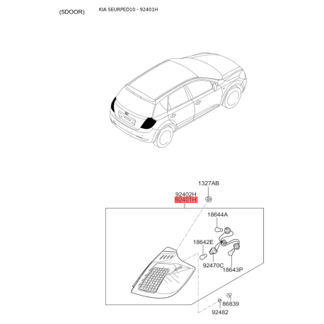 Ліхтар задній лівий нижній 92401-1H350 Mobis - 924011H350 - схема з каталогу 92401H, SEURPED10 924011H350
