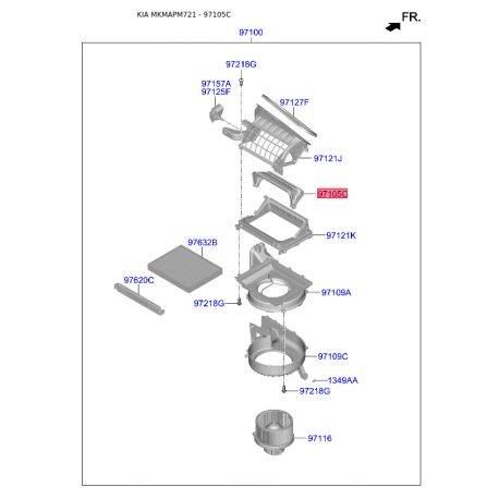 Кришка (корпус або кронштейн) обігрівача 97122-3X000 Mobis - 971223X000 - схема з каталогу 97105C, MKMAPM721 971223X000