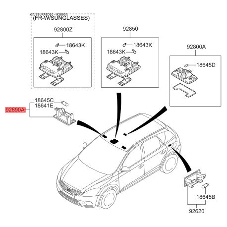 Освітлення салону 92890-2G000ED Mobis - 928902G000ED - схема з каталогу 92890A, SEURPED10 928902G000ED