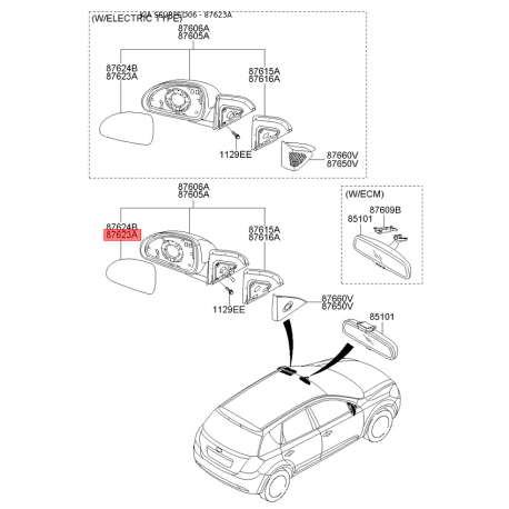 Дзеркальний елемент зовнішнього дзеркала задній лівий 87611-1H050 Mobis - 876111H050 - схема з каталогу 87623A, SEURPED06 876111H050
