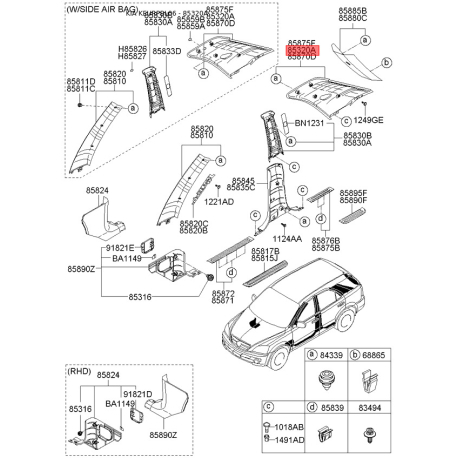 Оббивка (накладка) салону ліва верхня 85840-3E000FC Mobis - 858403E000FC - схема з каталогу 85320A, KEURPBL06 858403E000FC