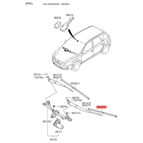Щітка склоочисника 98360-1H100 Mobis - 983601H100 - схема з каталогу 9836RH, SEURPED06 983601H100