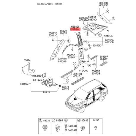 Обивка (накладка) салона левая 85826-3E600FC Mobis - 858263E600FC - схема с каталога H85827, KKMAPBL06 858263E600FC