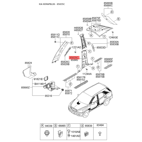 Оббивка (накладка) салону ліва нижня 85830-3E000WK Mobis - 858303E000WK - схема з каталогу 85835C, KKMAPBL06 858303E000WK