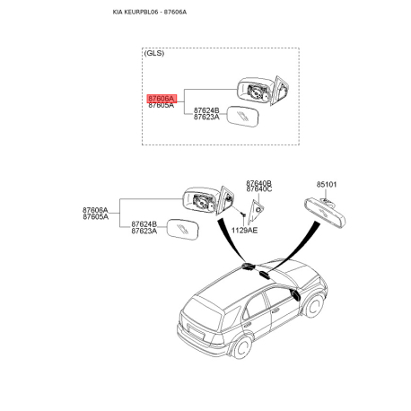 Зеркало наружное заднее правое 87605-3E230 Mobis - 876053E230 - схема с каталога 87606A, KEURPBL06 876053E230