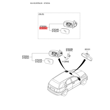 Зеркало наружное заднее левое 87601-3E20000 Mobis - 876013E20000 - схема с каталога 87605A, KEURPBL06 876013E20000