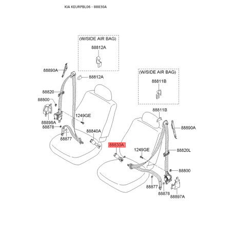 Кріплення і натяг ременя безпеки ліве 88830-3E300FC Mobis - 888303E300FC - схема з каталогу 88830A, KEURPBL06 888303E300FC