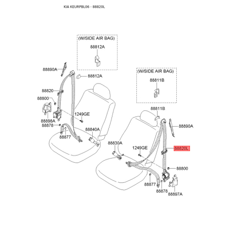 Ремень безопасности левый 88850-3E210FC Mobis - 888503E210FC - схема с каталога 88820L, KEURPBL06 888503E210FC