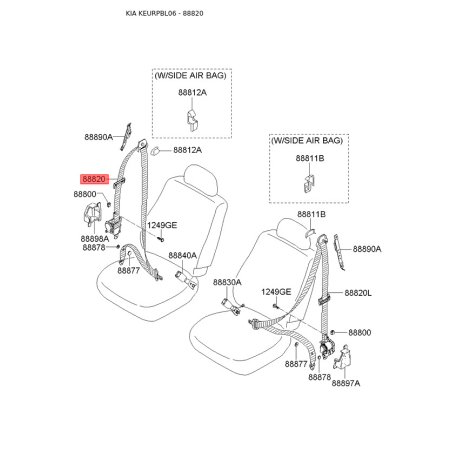 Ремень безопасности правый 88820-3E100WK Mobis - 888203E100WK - схема с каталога 88820, KEURPBL06 888203E100WK