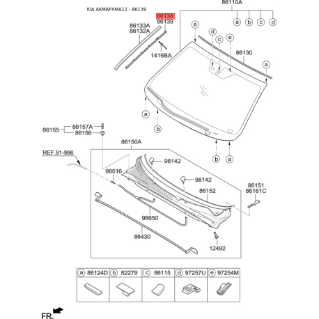 Молдинг (ущільнювач) лобового скла лівий 86138-2P000 Mobis - 861382P000 - схема з каталогу 86138, AKMAPXMA12 861382P000