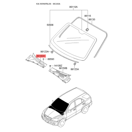Накладка облицовки передней панели (жабо) правая 86160-3E500 Mobis - 861603E500 - схема с каталога 86160A, KKMAPBL06 861603E500