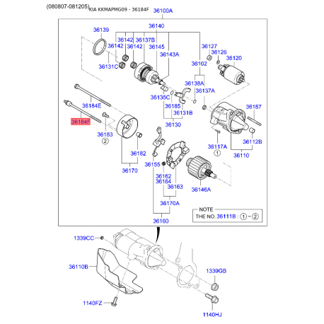 Болт стартера 36184-38050 Mobis - 3618438050 - схема с каталога 36184F, KKMAPMG09 3618438050
