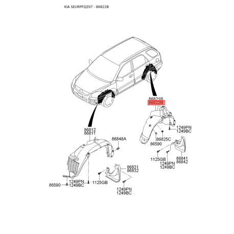 Обшивка (подкрылок), колесная ниша правая 86822-0Z500 Mobis - 868220Z500 - схема с каталога 86822B, SEURPFQZ07 868220Z500