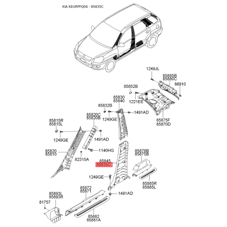 Оббивка (накладка) салону ліва нижня 85845-1F010WK Mobis - 858451F010WK - схема з каталогу 85835C, KEURPFQ04 858451F010WK