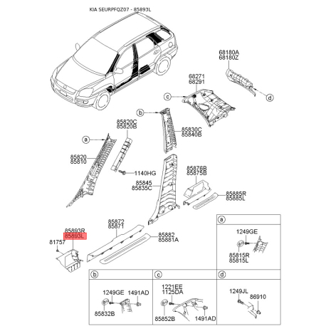 Облицювання передньої панелі (жабо) ліве 85826-1F000EZ Mobis - 858261F000EZ - схема з каталогу 85893L, SEURPFQZ07 858261F000EZ