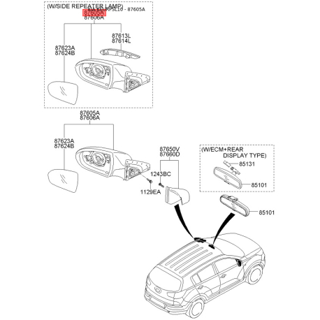 Зеркало наружное заднее левое 87610-3W102 Mobis - 876103W102 - схема с каталога 87605A, KEURPSL10 876103W102