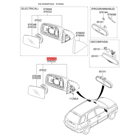 Зеркало наружное заднее правое 87620-1F210 Mobis - 876201F210 - схема с каталога 87606A, KKMAPFQ04 876201F210