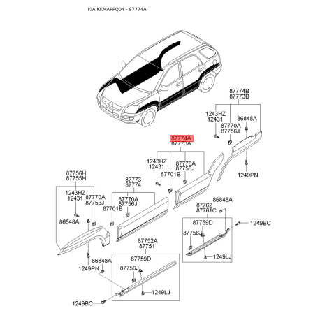 Молдинг порога, бампера і крила правий 87732-1F500 Mobis - 877321F500 - схема з каталогу 87774A, KKMAPFQ04 877321F500