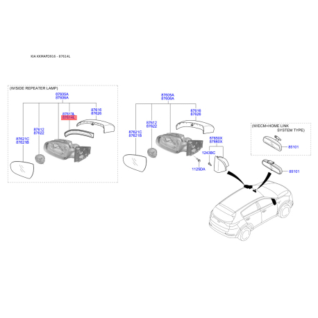 Повторювач поворотів на дзеркалі правий 87624-D9000 Mobis - 87624D9000 - схема з каталогу 87614L, KKMAPD916 87624D9000