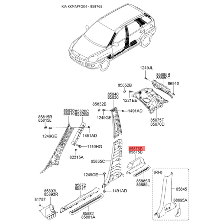 Обивка (накладка) салона правая 85872-1F000EZ Mobis - 858721F000EZ - схема с каталога 85876B, KKMAPFQ04 858721F000EZ