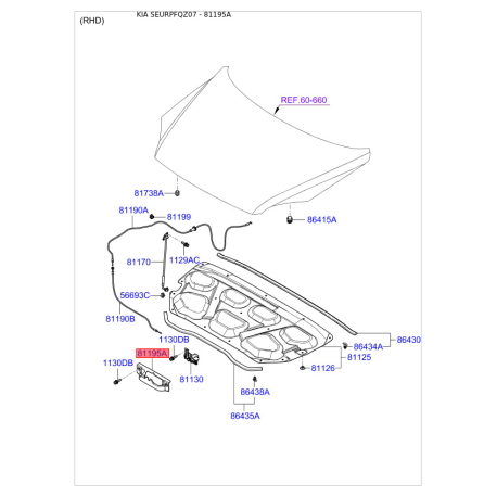 Замок капота 81195-1F000 Mobis - 811951F000 - схема с каталога 81195A, SEURPFQZ07 811951F000
