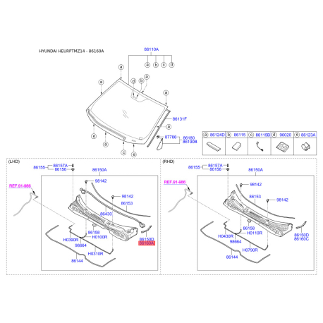 Накладка облицовки передней панели (жабо) правая 86154-2Y000 Mobis - 861542Y000 - схема с каталога 86160A, HEURPTMZ14 861542Y000