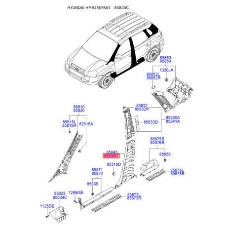 Обивка (накладка) салона левая нижняя 85835-2E000DD Mobis - 858352E000DD - схема с каталога 85835C, HMA2E0PA04 858352E000DD