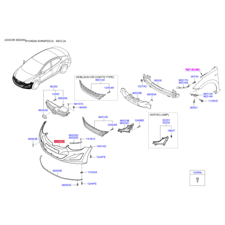 Бампер 86511-3X500 Mobis - 865113X500 - схема з каталогу 86511A, KHMAPSD14 865113X500