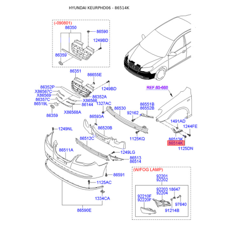 Кронштейн, буфер правий 86514-2H000 Mobis - 865142H000 - схема з каталогу 86514K, KEURPHD06 865142H000