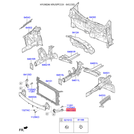 Кронштейн, облицювання радіатора лівий 64118-F2000 Mobis - 64118F2000 - схема з каталогу 64115D, KRUSPF219 64118F2000